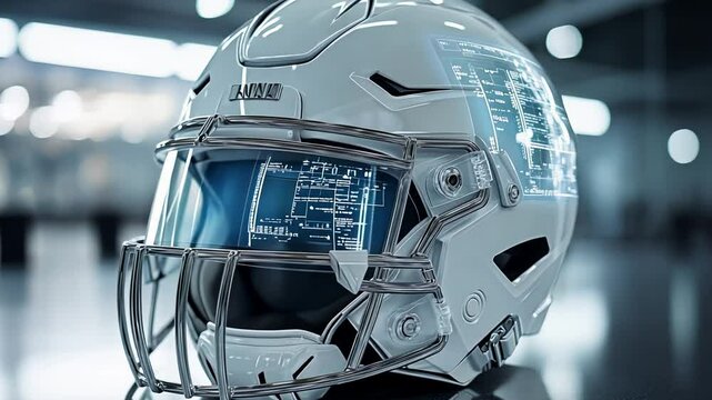 Close up of a football helmet with a transparent visor displaying digital data. Sport technology concept.