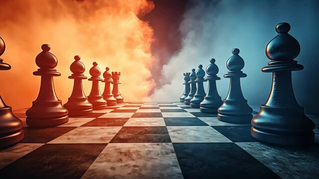 Chess pieces standing on board with dramatic smoke representing conflict and competition. Strategic gameplay concept footage.