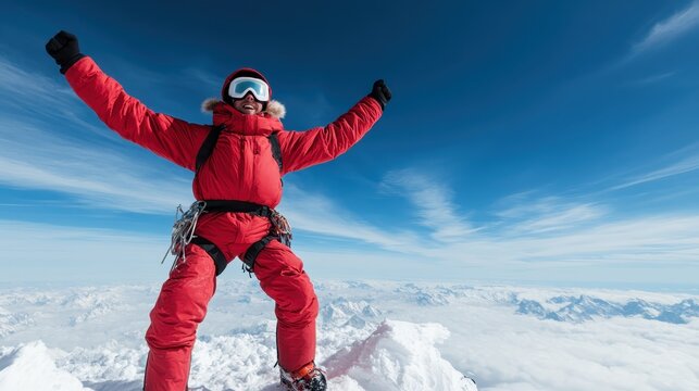 An ecstatic climber celebrates at the mountain summit, overwhelmed with joy under a vast blue sky that enhances the feeling of achievement and adventure in this breathtaking landscape. - Powered by Adobe