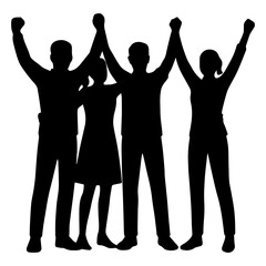 Silhouette of group people celebrating success teamwork unity achievement hands up victory community together