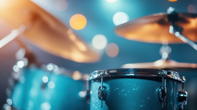 A vibrant drum set shines under colorful stage lights, ready to unleash powerful rhythms and energetic beats that resonate with the audience's passion for live music and performance.