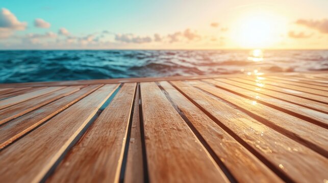 A wooden pier stretches out into the serene ocean waters at sunset, reflecting golden hues that create a peaceful tableau of nature's stunning beauty and calm. - Powered by Adobe