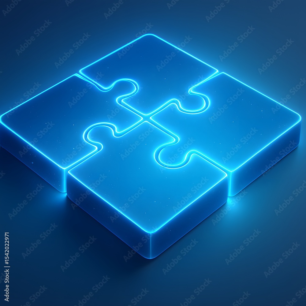 Poster neon puzzle pieces with glowing edges on dark background