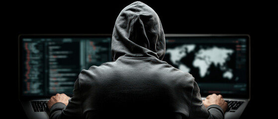 Cyber intrusion hacker manipulating multiple devices in dark room environment
