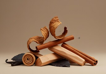 An artful display of aromatic vanilla beans, cinnamon sticks, and sandalwood chips, A fragrant composition of natural elements on a minimalist backdrop