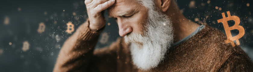 An elderly man struggles to understand a complex cryptocurrency transaction on his computer.