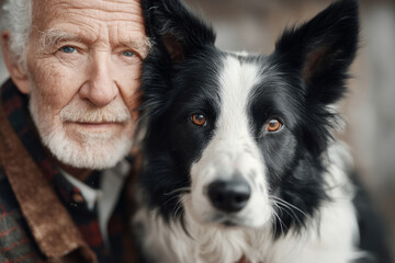 Therapy session with senior man and service dog home setting emotional support intimate viewpoint