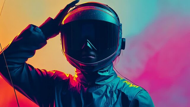 Woman fencer in mask. Sportswoman with saber. Fighting cyber world for digital data. Future innovative technology concept footage.