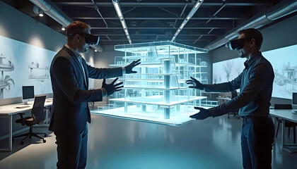 Fototapeta premium Architect exploring mixed‑reality 3D architectural model with VR headset