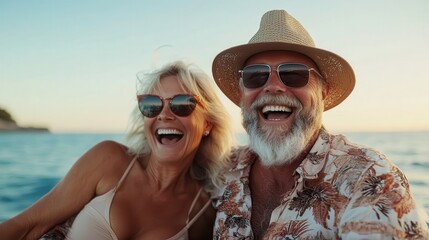 A joyful elderly couple shares a moment of laughter and love on a boat, capturing the essence of companionship and the beauty of life's sunsets by the ocean.