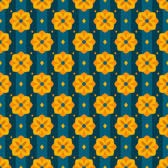 Geometric Thai Floral Pattern with Yellow Petals on Dark Teal Backgro