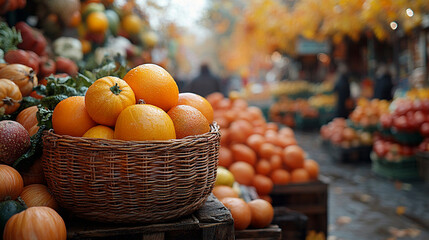Autumn market oranges in wicker basket, fall produce display
