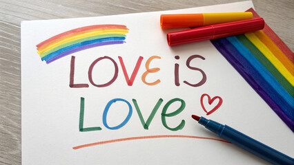Love Is Love Handwritten Pride Card with Inclusive Flag Colors