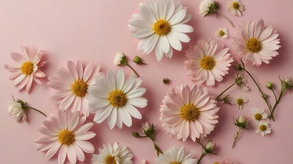Fototapeta premium Delicate pink and white daisies arranged artfully on a pastel pink background.