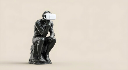 Fototapeta premium Rodin’s “Thinker” statue in VR headset for philosophical virtual experience