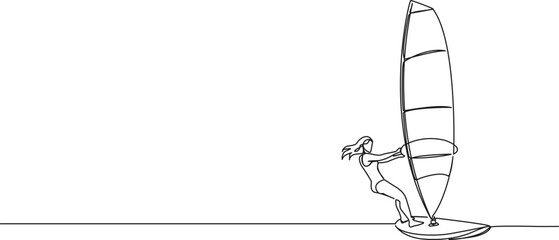 continuous single line drawing of woman windsurfing, line art vector illustration