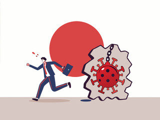 Virus disease outbreak protection failure, COVID-19 virus destroy and break the wall into Japan concept, wrecking ball as COVID-19 pathogen destroy and demolish Japan flag wall, business man run away.