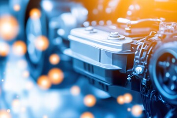 Close Up of Modern Car Engine with Glowing Lights and Metallic Components