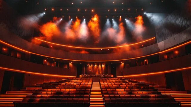 Theater interior with warm lighting and seating