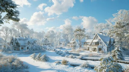 Peaceful Christmas village, snowy landscape, warm homes, cozy atmosphere.