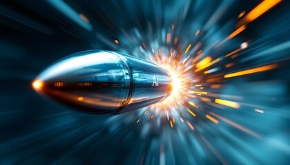 AI-stamped bullet exploding with sparks and futuristic motion blur