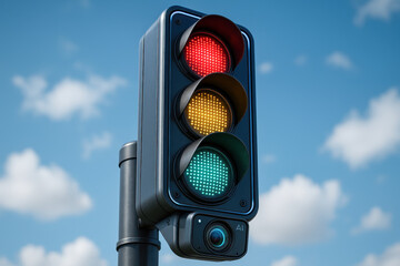 Smart traffic light control system in city using ai technology for efficient management and safety under blue sky with clouds creating modern urban environment
