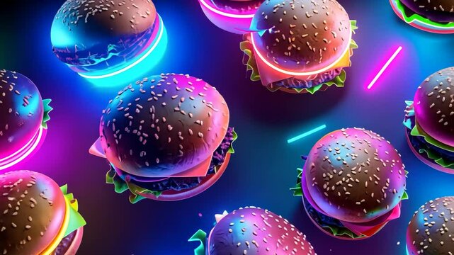 Colorful neon burgers arranged artfully on a vibrant surface with glowing accents.