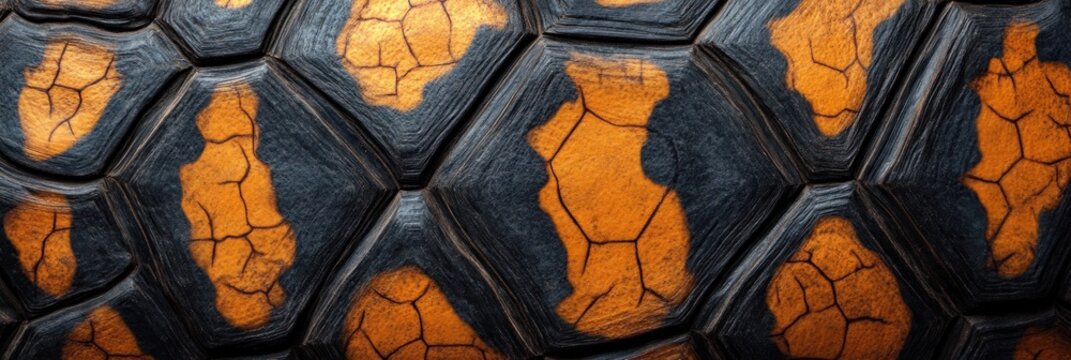 Turtle shell texture with copy space. Close-up turtle pattern. Reptile shell design. Turtle scales. Realistic turtle shell. Turtle design texture. Detailed turtle shell close-up. Wild Animal texture.