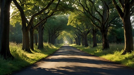 Obraz premium A straight road stretches into the distance, lined with tall trees forming a green canopy overhead.