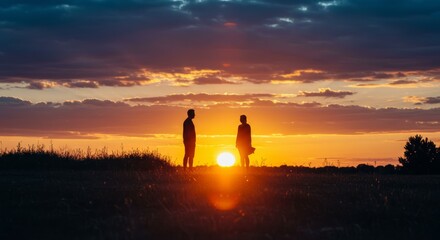 A captivating silhouette of two people standing in a field against the vibrant backdrop of a large, setting sun and dramatic clouds, evoking themes of contemplation, connection, or farewell.