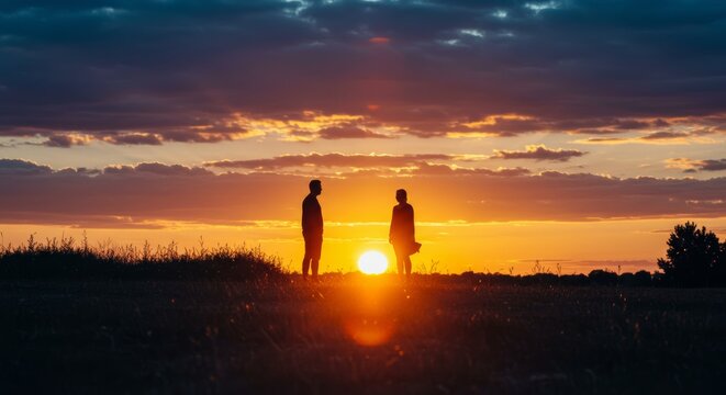 A captivating silhouette of two people standing in a field against the vibrant backdrop of a large, setting sun and dramatic clouds, evoking themes of contemplation, connection, or farewell.