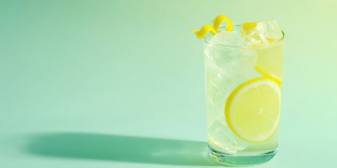The refreshing glass of lemonade with ice and lemon slice.