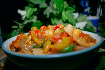 Seblak With Assorted Toppings And Rich Spicy Taste Close Up