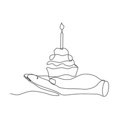 Continuous line of people hand holding creamy sweet birthday cake with candle and topping. Traditional birthday bakery dessert for party. Editable stroke sketch drawing vector illustration