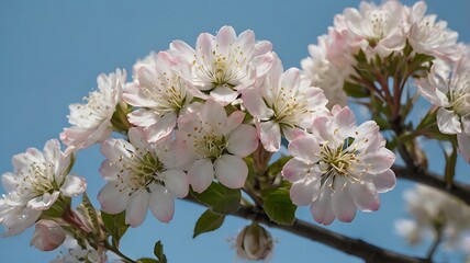Obraz premium Delicate pale pink and white blossoms cluster on a branch against a vibrant blue sky.