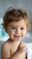 Smiling toddler brushing teeth, promoting children's dental hygiene