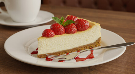 Cheesecake slice topped with strawberries and mint on wooden table  