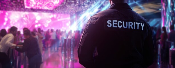The security guard overseeing a vibrant nightlife scene at a busy nightclub.
