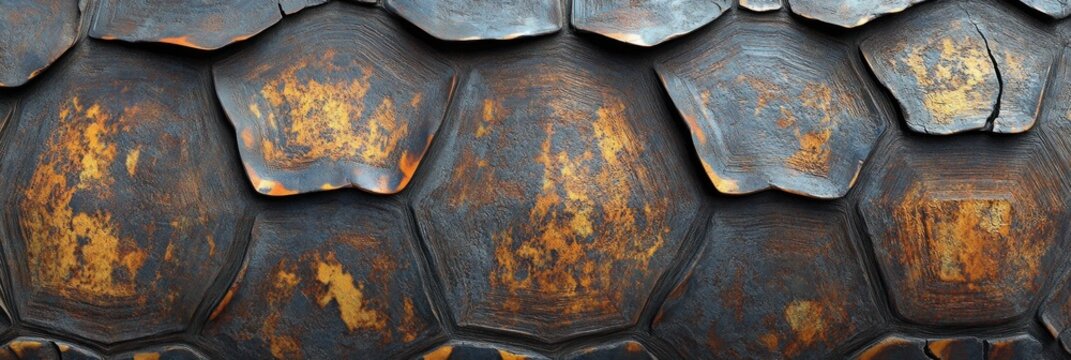 Turtle shell texture with copy space. Close-up turtle pattern. Reptile shell design. Turtle scales. Realistic turtle shell. Turtle design texture. Detailed turtle shell close-up. Wild Animal texture.