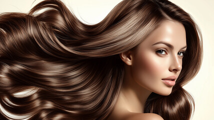 Obraz premium Woman with Luxurious Flowing Brown Hair Demonstrating Beauty 