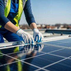 Woman's gloved hands installing solar panel on rooftop