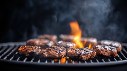 Juicy, grilled meat sizzles on the barbecue, infusing the air with mouthwatering aromas, representing a delightful culinary experience for friends and family gatherings outdoors.