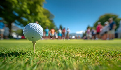 A close-up of a golf ball on a tee, with blurred spectators in the background enjoying a sunny day on the course.