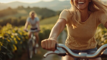 A man and woman enjoy a joyful cycling experience through scenic vineyards, capturing the essence of freedom and adventure in the beautiful countryside.