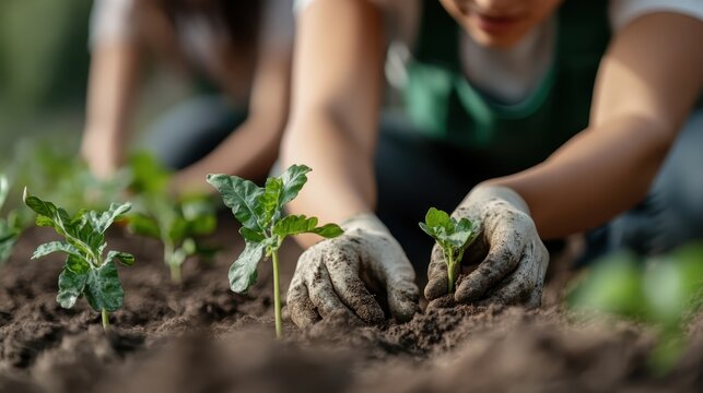 Dedicated gardeners work diligently in the fertile soil, planting seedlings and nurturing the growth of fresh plants, a refreshing symbol of nature's bounty and sustainability.