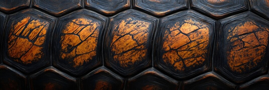 Turtle shell texture with copy space. Close-up turtle pattern. Reptile shell design. Turtle scales. Realistic turtle shell. Turtle design texture. Detailed turtle shell close-up. Wild Animal texture.