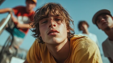 Fototapeta premium A close-up of a teenage boy with tousled hair, gazing intently, surrounded by friends in a dynamic outdoor setting, embodying adventure and youthful spirit.