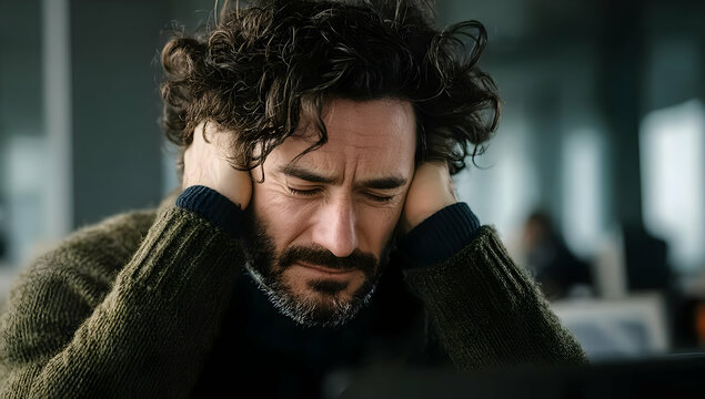 A man with curly hair is distressed, sitting at a desk while holding his head, showcasing feelings of stress and frustration.