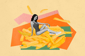Creative full art collage of happy girl guy stand potato french fries plate fast food cafe order...