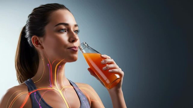 Woman drinking orange juice, showing cellular energy and nutrient absorption concept, healthy metabolism.